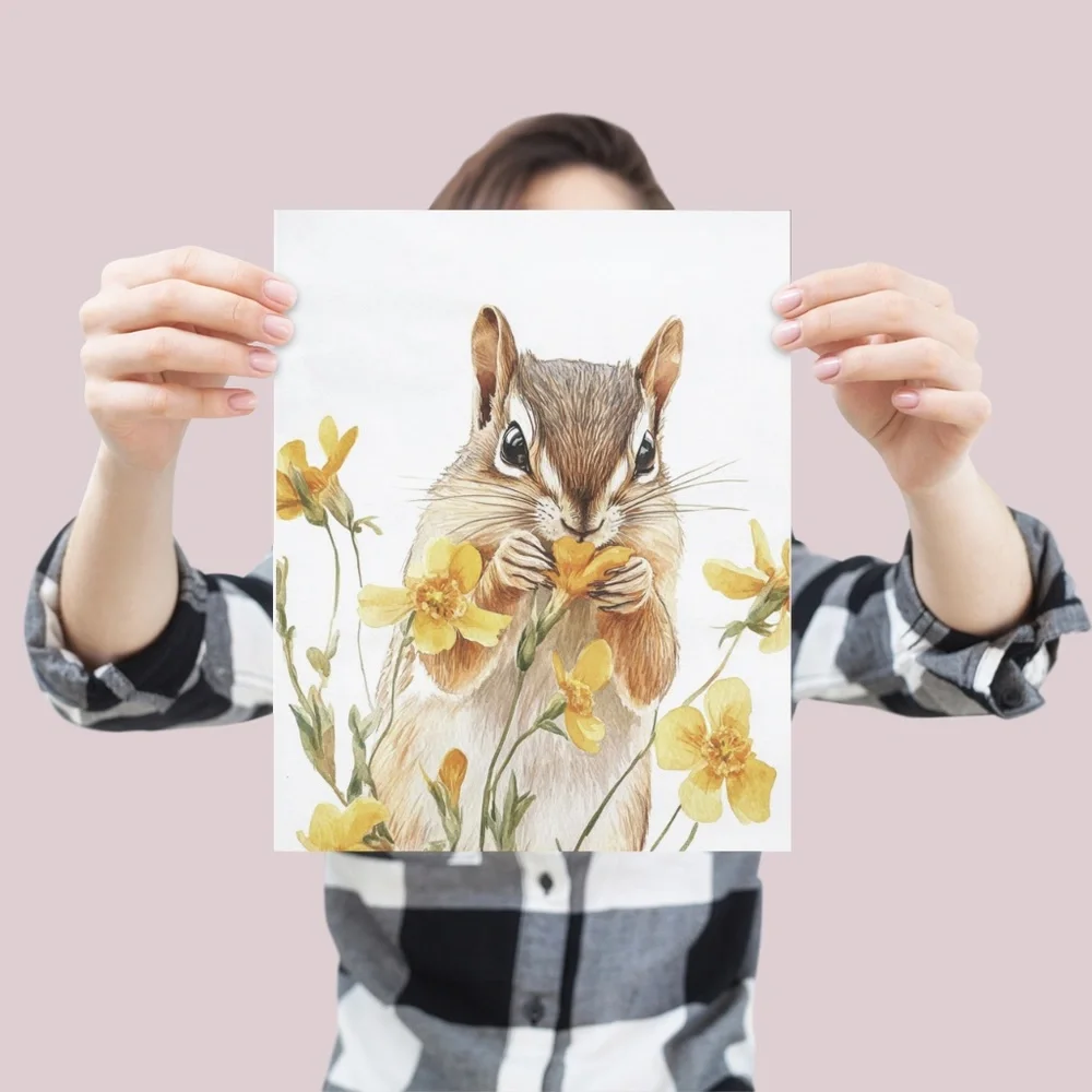 Watercolor Floral Chipmunk Portrait Wall Art Illustration Print Poster Unframed - Picture 5 of 9